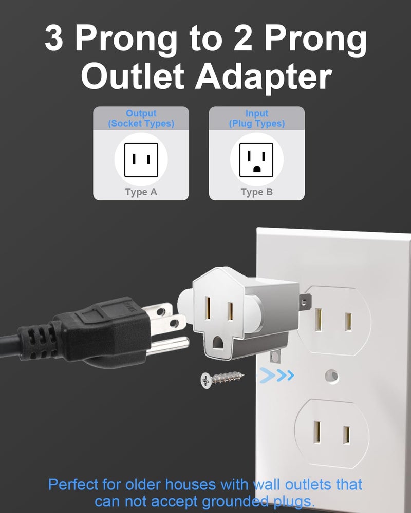 SerBion Portable 3 Prong to 2 Prong Outlet Adapter, Fireproof 392℉ 3-2 Prong Adapter Converter, Heavy Duty Wall Plug Adapter for Household Appliances Industrial, 1875W Max, 4 Packs - Image 2